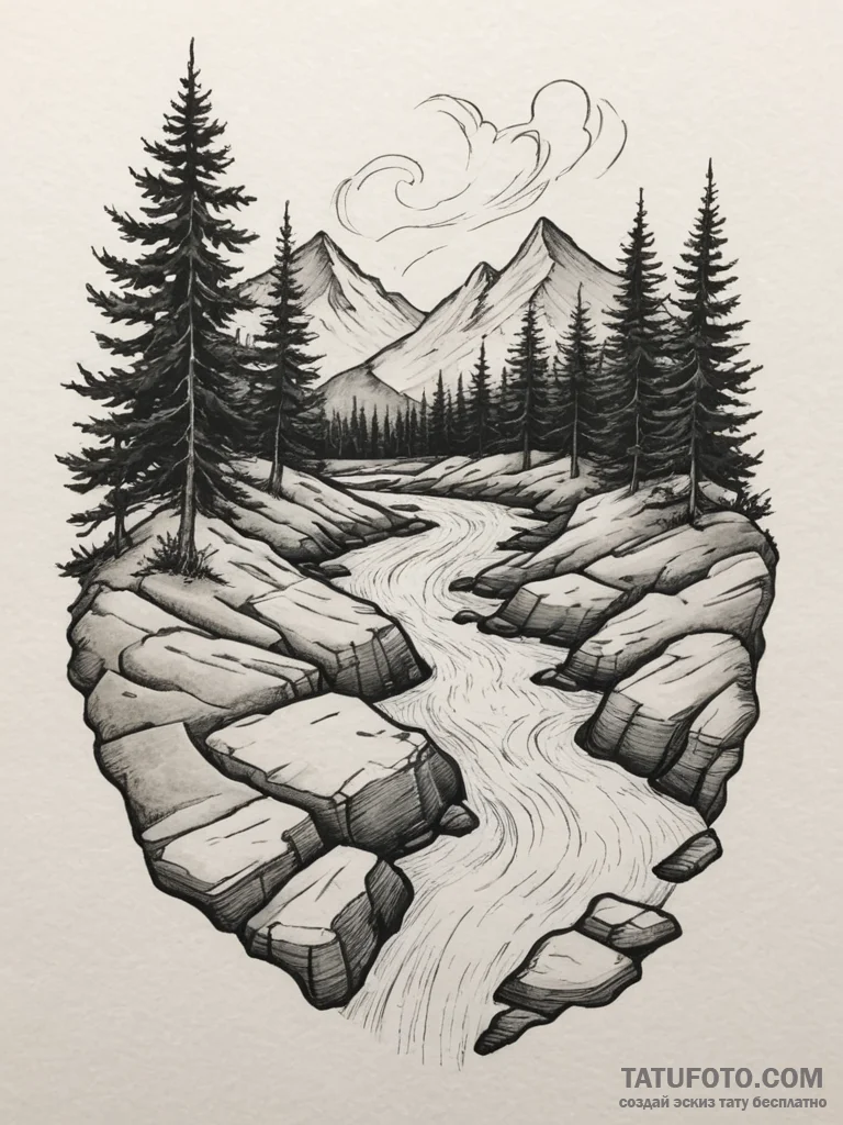 Tattoo design a flowing river carving its way... - эскиз тату (№1755280869_0, 15.08.2025 18:01) — Tatufoto.com