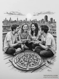 A candid shot of friends sharing a pizza and... - эскиз тату (№1755281471_0, 15.08.2025 18:11) — Tatufoto.com
