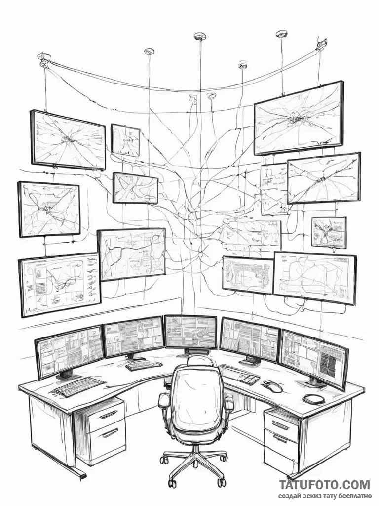 A modern, high-tech command center with multi... - эскиз тату (№1755281878_0, 15.08.2025 18:17) — Tatufoto.com
