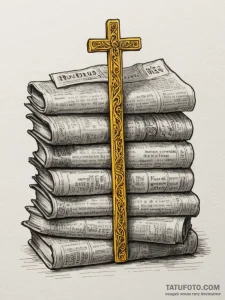 A close-up of a stack of old, yellowed newspa... - эскиз тату (№1755282082_0, 15.08.2025 18:21) — Tatufoto.com