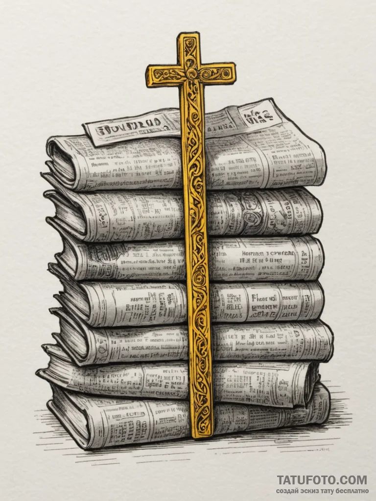 A close-up of a stack of old, yellowed newspa... - эскиз тату (№1755282082_0, 15.08.2025 18:21) — Tatufoto.com