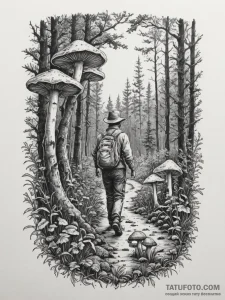 A shot of a person foraging for wild mushroom... - эскиз тату (№1755286476_0, 15.08.2025 19:34) — Tatufoto.com