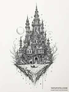 Tattoo sketch an underwater city with glowing... - эскиз тату (№1755290665_0, 15.08.2025 20:44) — Tatufoto.com