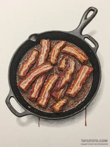 A close-up of a sizzling strip of bacon in a... - эскиз тату (№1755294026_0, 15.08.2025 21:40) — Tatufoto.com