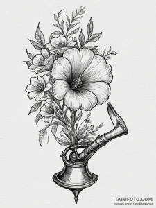 A gramophone with flowers growing out of the... - эскиз тату (№1755294419_0, 15.08.2025 21:46) — Tatufoto.com