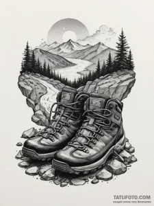 A shot of someone's feet in worn hiking boots... - эскиз тату (№1755296600_0, 15.08.2025 22:23) — Tatufoto.com