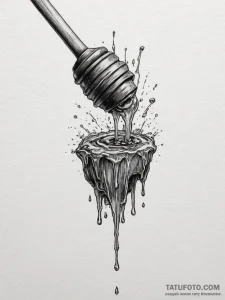A close-up of honey dripping from a wooden di... - эскиз тату (№1755320973_0, 16.08.2025 05:09) — Tatufoto.com
