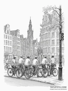 A shot of cyclists waiting for a traffic ligh... - эскиз тату (№1755328417_0, 16.08.2025 07:13) — Tatufoto.com