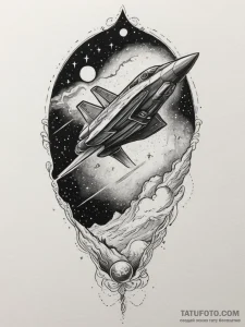 Tattoo sketch a stylized spaceship soaring th... - эскиз тату (№1755332247_0, 16.08.2025 08:17) — Tatufoto.com