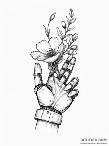 Robotic hand holding a real flower - эскиз тату (№1755332641_0, 16.08.2025 08:24) — Tatufoto.com