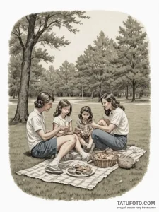 A grainy, faded color photo of a family havin... - эскиз тату (№1755334639_0, 16.08.2025 08:57) — Tatufoto.com