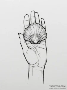 A hand holding a delicate, translucent seashe... - эскиз тату (№1755335641_0, 16.08.2025 09:14) — Tatufoto.com