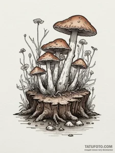 Bioluminescent mushrooms on a log, artistic t... - эскиз тату (№1755348501_0, 16.08.2025 12:48) — Tatufoto.com