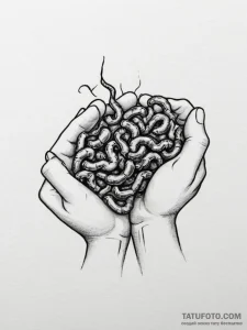 A child's hand holding a fistful of earthworm... - эскиз тату (№1755352117_0, 16.08.2025 13:48) — Tatufoto.com