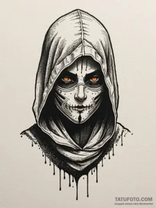 Tattoo design a rogue's hood and mask with gl... - эскиз тату (№1755357324_0, 16.08.2025 15:15) — Tatufoto.com