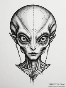 Tattoo sketch a stylized alien's head with la... - эскиз тату (№1755362723_0, 16.08.2025 16:45) — Tatufoto.com