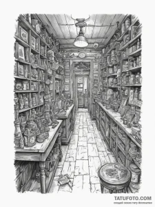 The interior of a small, cluttered antique sh... - эскиз тату (№1755365146_0, 16.08.2025 17:25) — Tatufoto.com