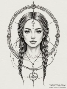 Tattoo sketch: mokosh, depicted as a serene w... - эскиз тату (№1755365378_0, 16.08.2025 17:29) — Tatufoto.com