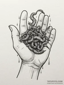 A child's hand holding a fistful of earthworm... - эскиз тату (№1755367553_0, 16.08.2025 18:05) — Tatufoto.com