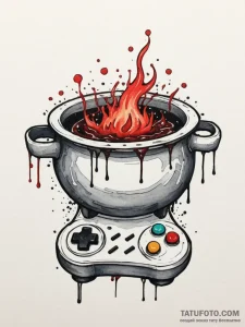 Tattoo sketch a bubbling cauldron with game c... - эскиз тату (№1755378468_0, 16.08.2025 21:07) — Tatufoto.com