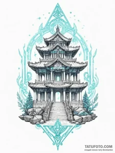 An ancient temple with neon holographic glyph... - эскиз тату (№1755379064_0, 16.08.2025 21:17) — Tatufoto.com