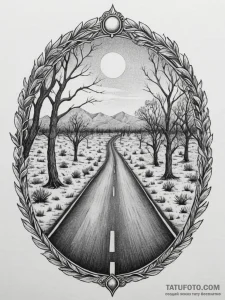 A shot of a long, straight, empty road in the... - эскиз тату (№1755379854_0, 16.08.2025 21:30) — Tatufoto.com