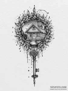 Tattoo design a key to a home, with a persona... - эскиз тату (№1755386160_0, 16.08.2025 23:16) — Tatufoto.com