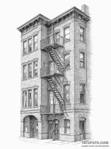 A fire escape on the side of a classic brick... - эскиз тату (№1755389915_0, 17.08.2025 00:18) — Tatufoto.com