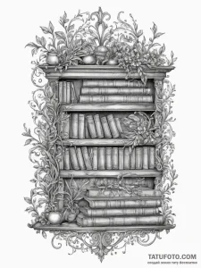 Tattoo sketch a bookshelf filled with cherish... - эскиз тату (№1755393084_0, 17.08.2025 01:11) — Tatufoto.com