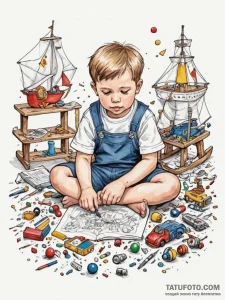 A child's messy playroom, with toys scattered... - эскиз тату (№1755401023_0, 17.08.2025 03:23) — Tatufoto.com