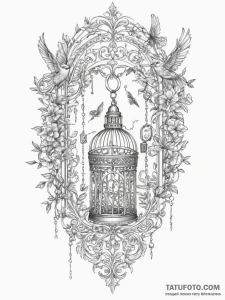 Tattoo sketch a key unlocking a birdcage, wit... - эскиз тату (№1755403183_0, 17.08.2025 03:59) — Tatufoto.com