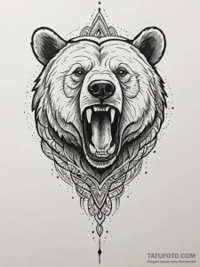 Tattoo sketch a bear's head roaring, with tri... - эскиз тату (№1755404756_0, 17.08.2025 04:25) — Tatufoto.com