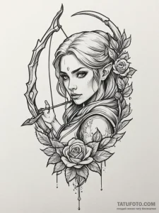 Elven archer, ink illustration for tattoo, on... - эскиз тату (№1755404954_0, 17.08.2025 04:29) — Tatufoto.com