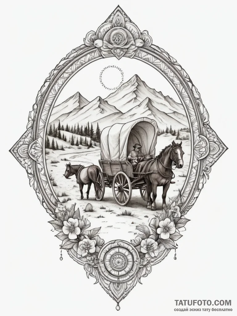 A sepia-toned photograph of pioneers with a c... - эскиз тату (№1755407702_0, 17.08.2025 05:15) — Tatufoto.com