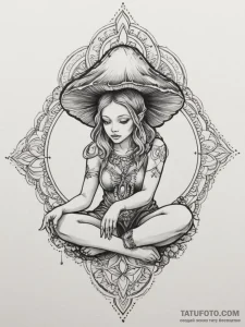 Fairy sitting on a mushroom, tattoo sketch de... - эскиз тату (№1755408683_0, 17.08.2025 05:31) — Tatufoto.com