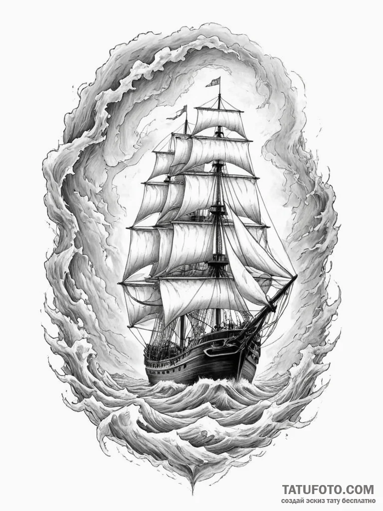 Tattoo sketch a ship sailing into a powerful... - эскиз тату (№1755416144_0, 17.08.2025 07:35) — Tatufoto.com