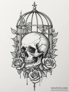 Bird and cage, ink illustration for tattoo, c... - эскиз тату (№1755416340_0, 17.08.2025 07:39) — Tatufoto.com