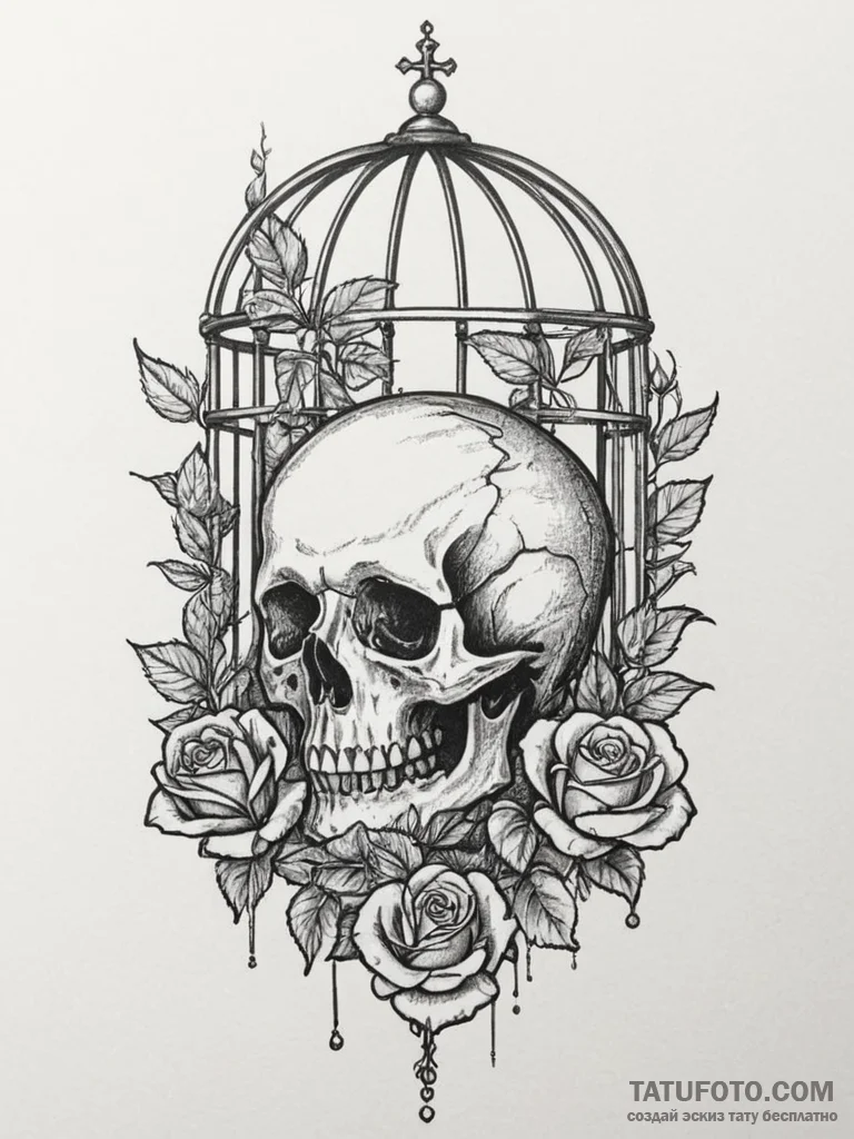 Bird and cage, ink illustration for tattoo, c... - эскиз тату (№1755416340_0, 17.08.2025 07:39) — Tatufoto.com