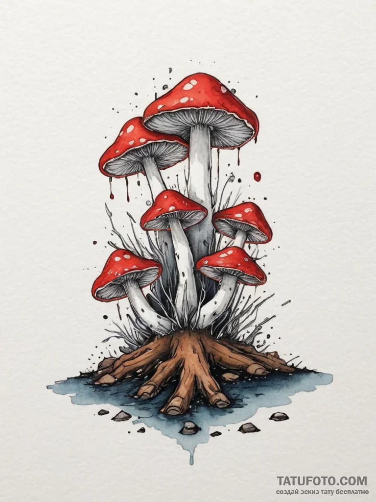 Bioluminescent mushrooms on a log, tattoo dra... - эскиз тату (№1755416536_0, 17.08.2025 07:42) — Tatufoto.com