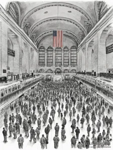 A crowded platform in a grand, old train stat... - эскиз тату (№1755418892_0, 17.08.2025 08:21) — Tatufoto.com