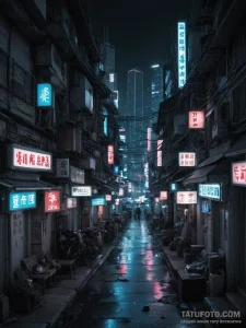 The neon-lit, cyberpunk-esque streets of a fu... - эскиз тату (№1755419677_0, 17.08.2025 08:34) — Tatufoto.com