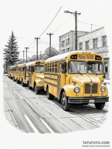 A row of yellow school buses parked in a lot.... - эскиз тату (№1755421460_0, 17.08.2025 09:04) — Tatufoto.com