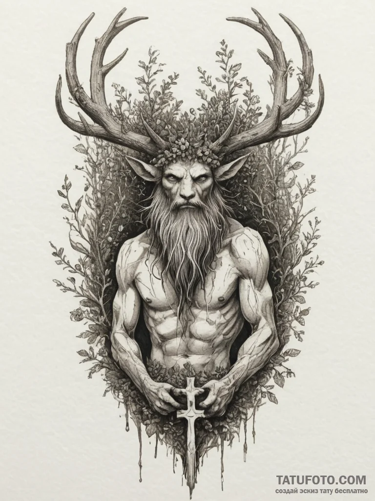 A tattoo sketch of a leshy, the forest spirit... - эскиз тату (№1755425415_0, 17.08.2025 10:10) — Tatufoto.com