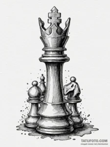 A close-up of a chess piece, the king, tipped... - эскиз тату (№1755426218_0, 17.08.2025 10:23) — Tatufoto.com