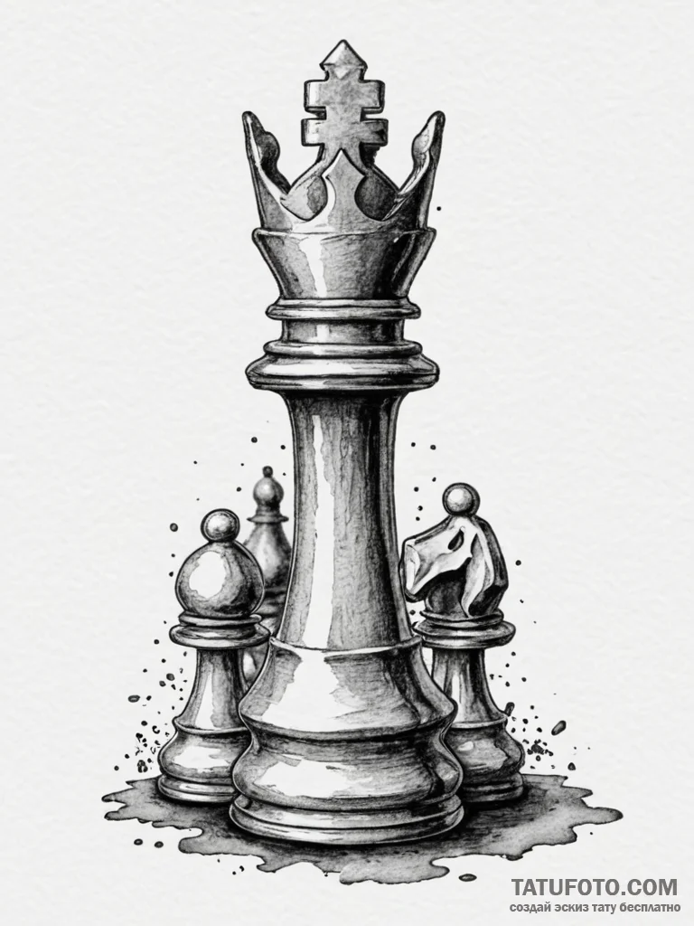 A close-up of a chess piece, the king, tipped... - эскиз тату (№1755426218_0, 17.08.2025 10:23) — Tatufoto.com