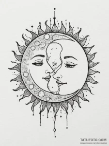 Tattoo sketch a minimalist sun and moon, half... - эскиз тату (№1755435983_0, 17.08.2025 13:06) — Tatufoto.com