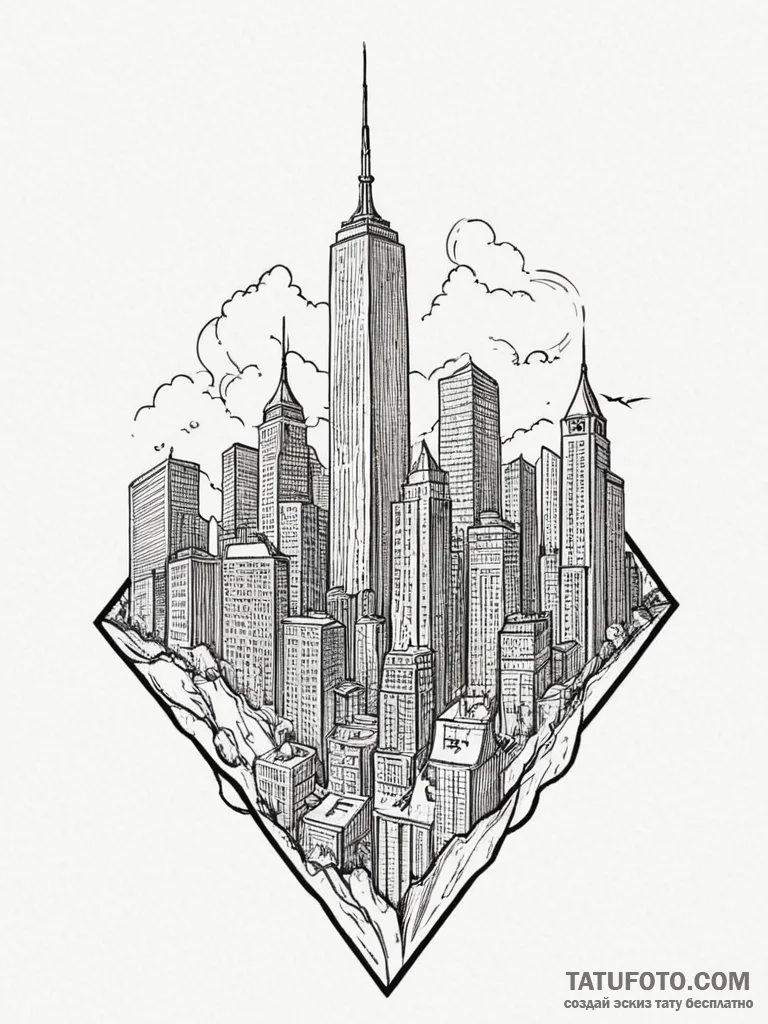 Dystopian city skyline, tattoo drawing outlin... - эскиз тату (№1755439169_0, 17.08.2025 13:59) — Tatufoto.com