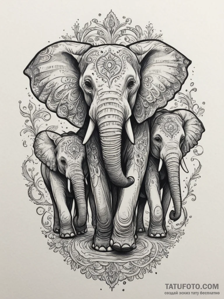 A family of elephants walking in a line towar... - эскиз тату (№1755441342_0, 17.08.2025 14:35) — Tatufoto.com