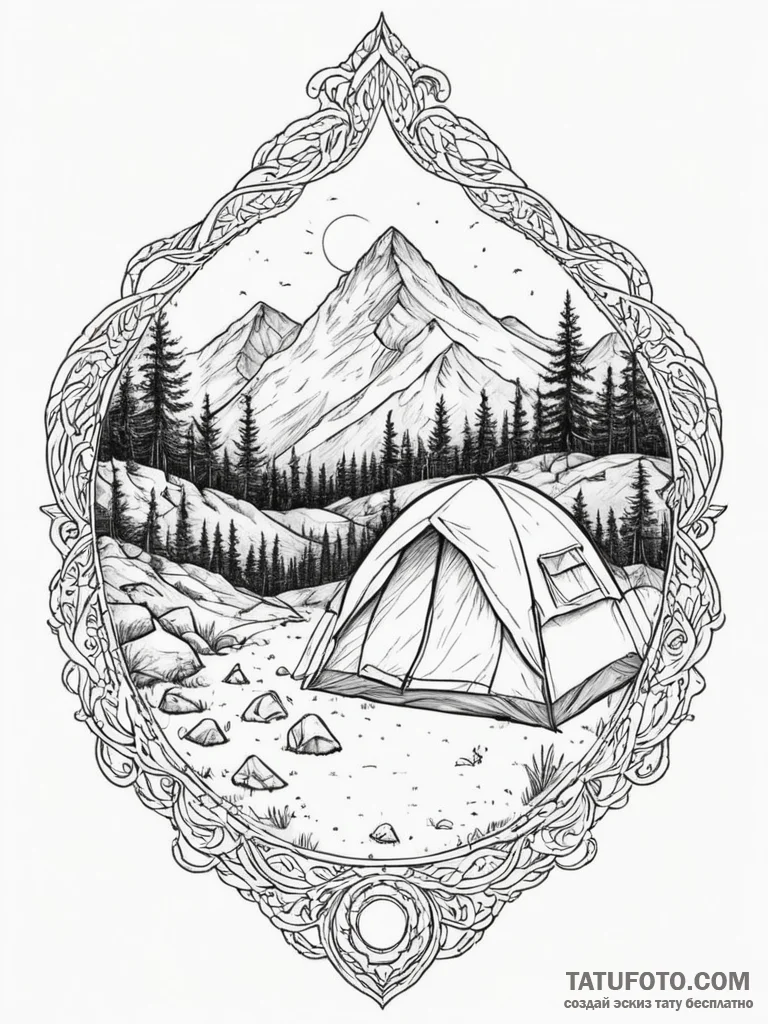 The view from inside a tent, looking out at a... - эскиз тату (№1755443526_0, 17.08.2025 15:12) — Tatufoto.com