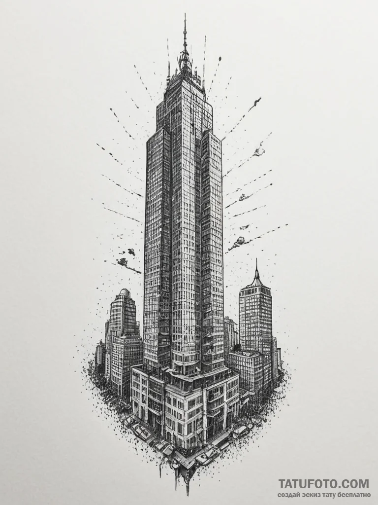 Tattoo design a towering skyscraper, symboliz... - эскиз тату (№1755448398_0, 17.08.2025 16:33) — Tatufoto.com